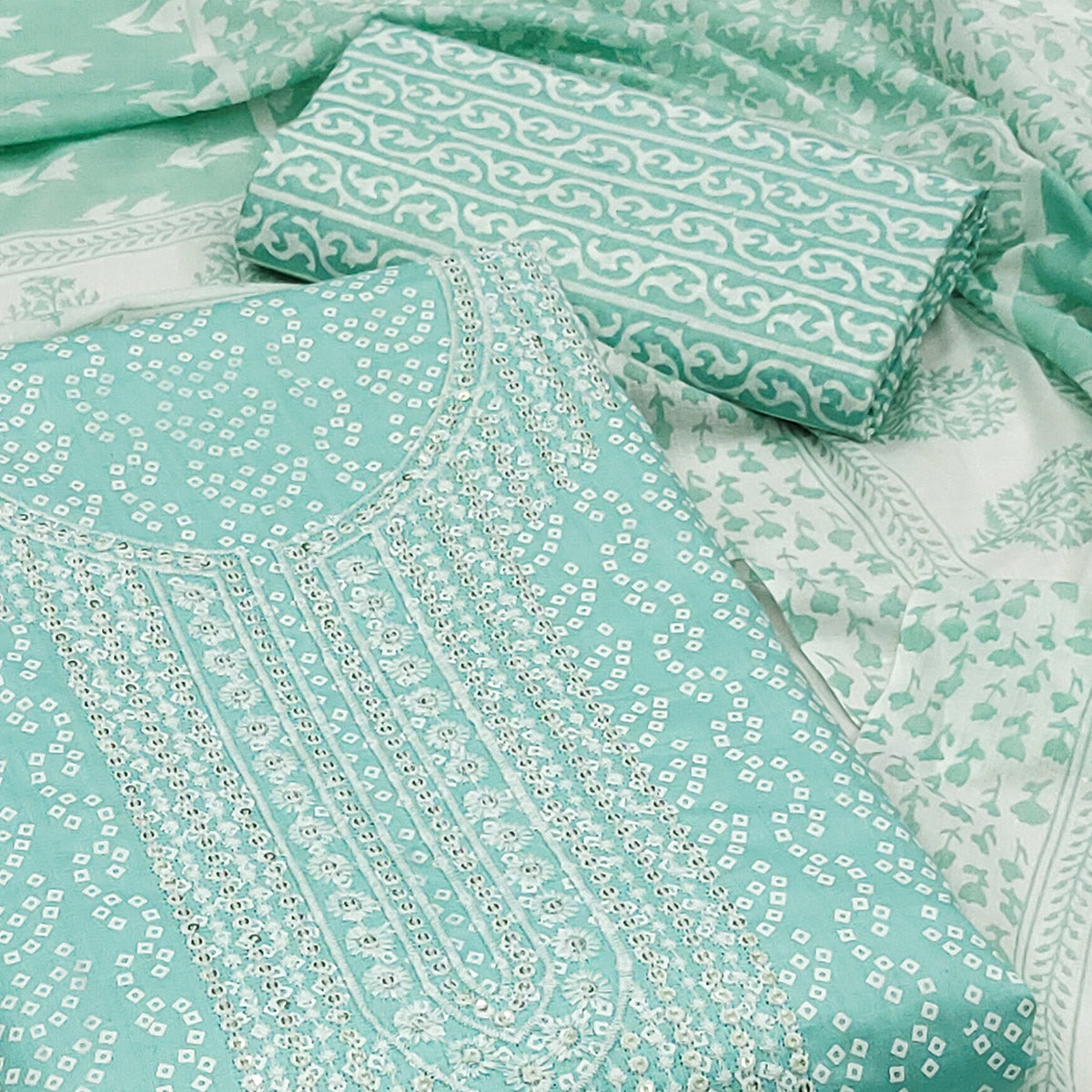 Blue Bandhani Printed With Sequins Pure Cotton Dress Material