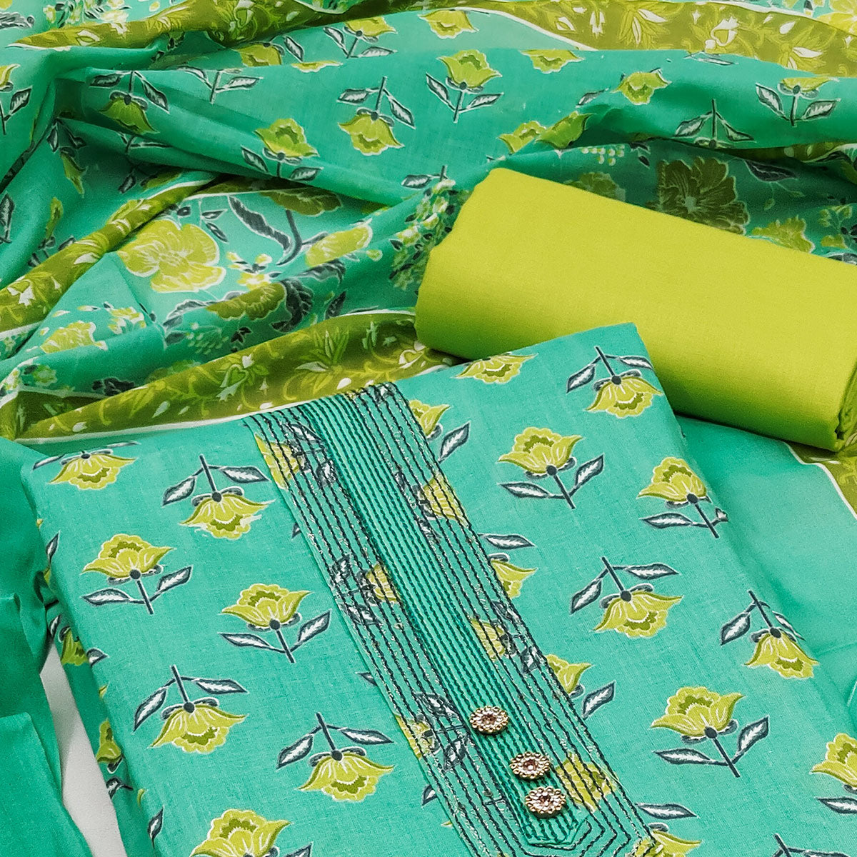 Aqua Green Floral Printed Pure Cotton Dress Material