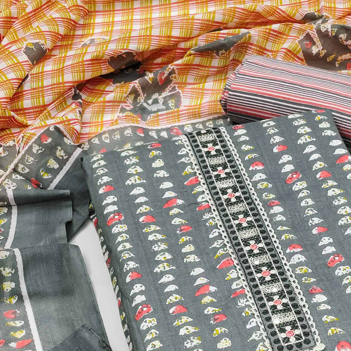 Grey Printed Pure Cotton Dress Material