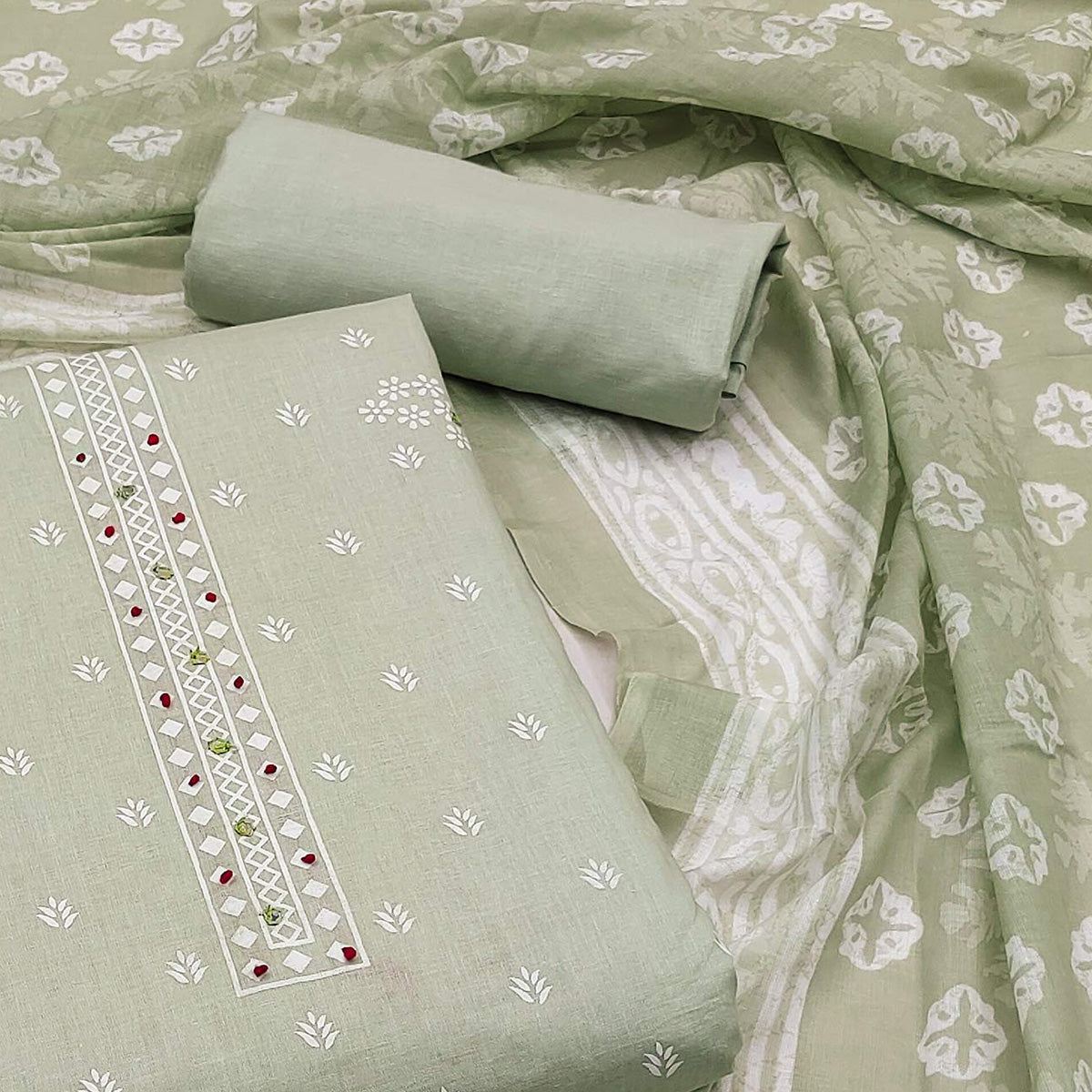 Green Floral Printed Pure Cotton Dress Material