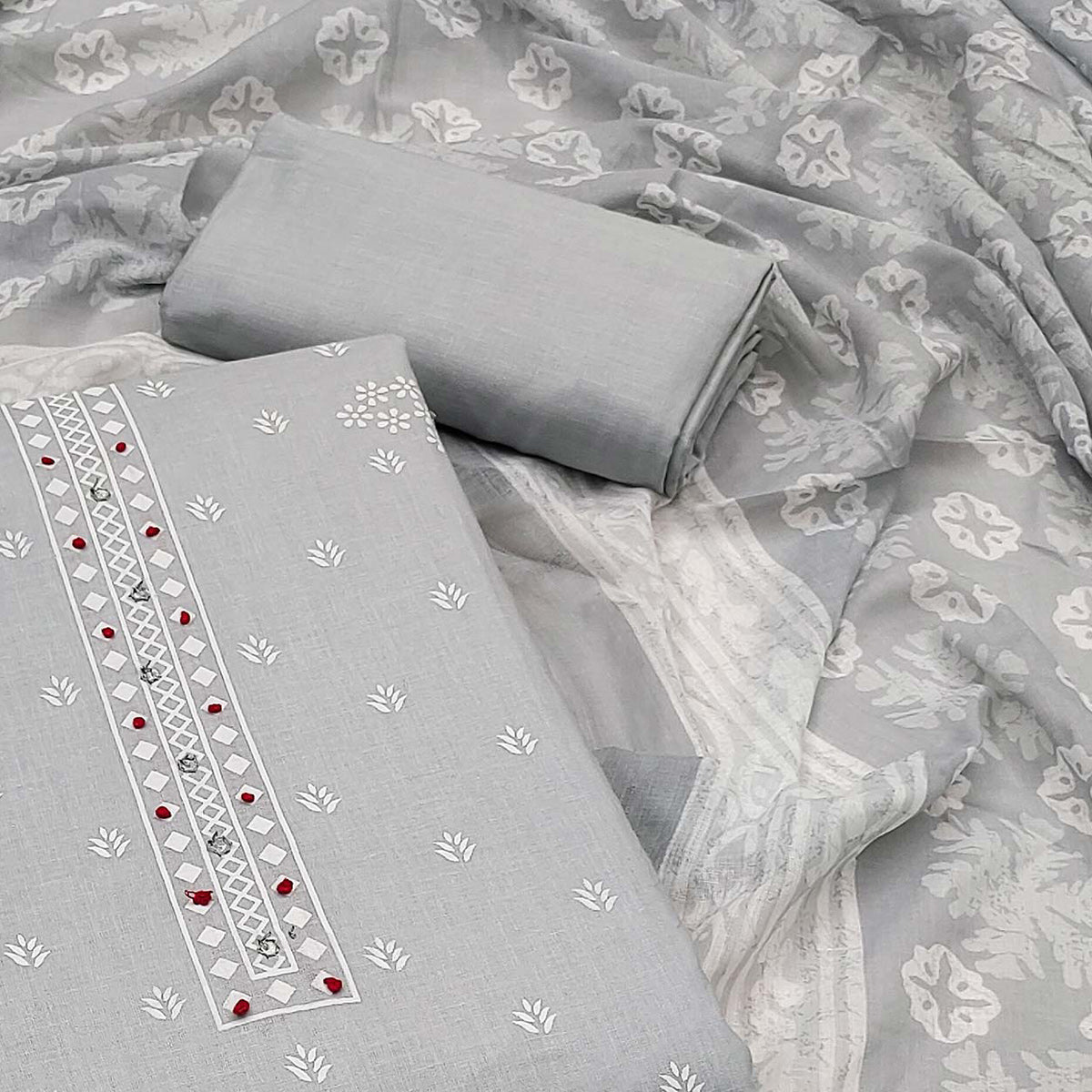 Grey Floral Printed Pure Cotton Dress Material