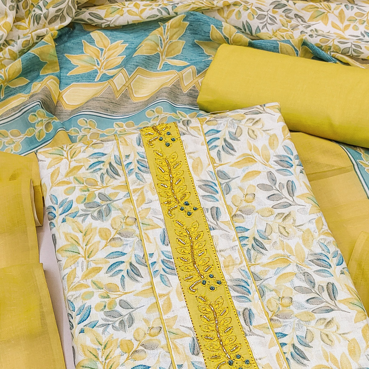 Yellow Floral Printed Pure Cotton Dress Material