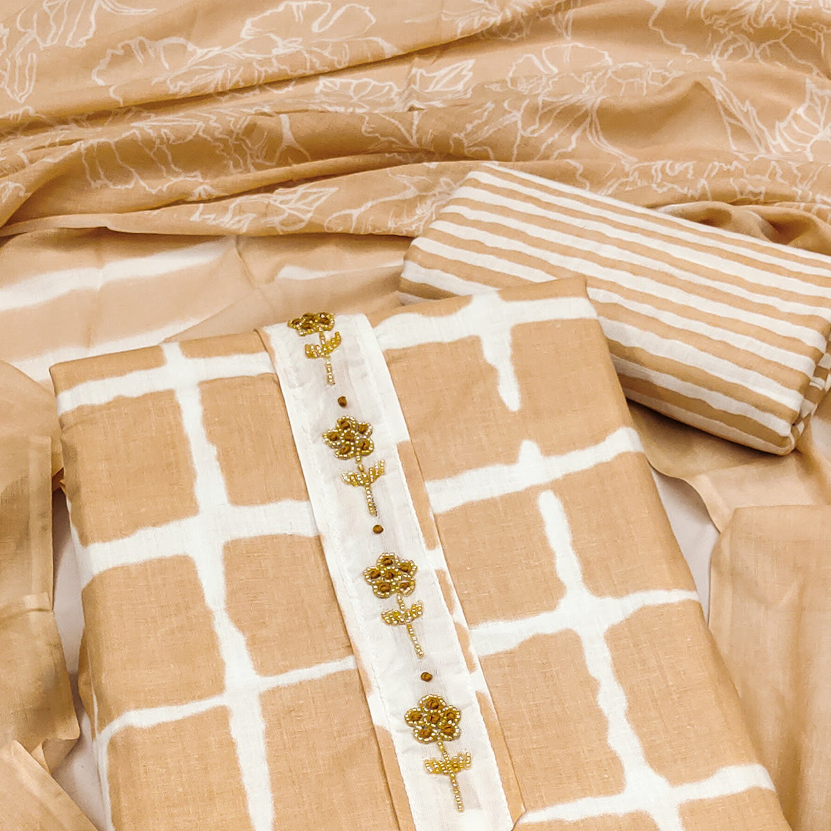 Chikoo Checks Printed Pure Cotton Dress Material