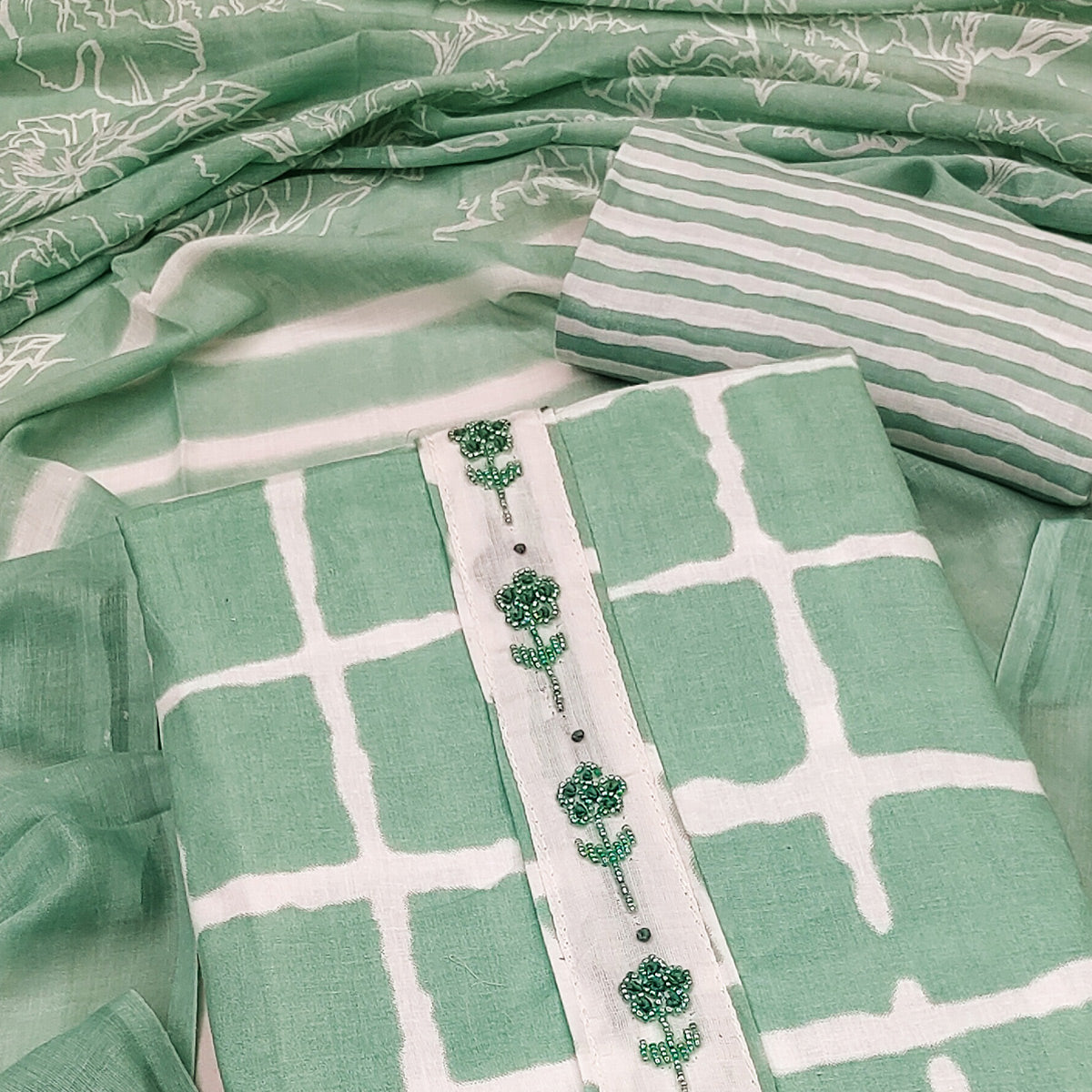 Green Checks Printed Pure Cotton Dress Material