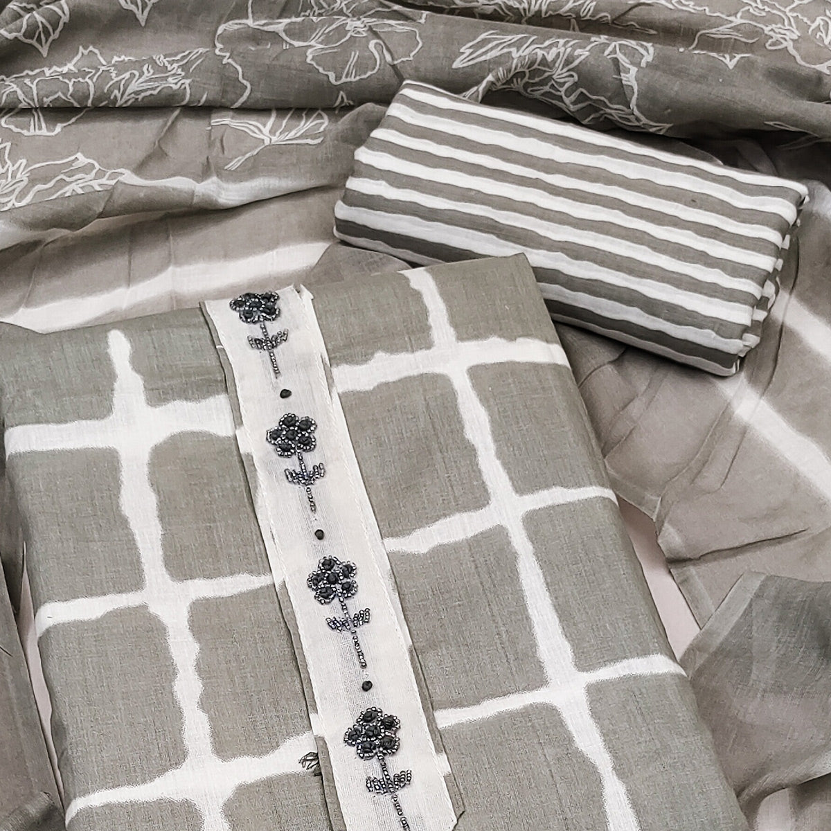 Grey Checks Printed Pure Cotton Dress Material