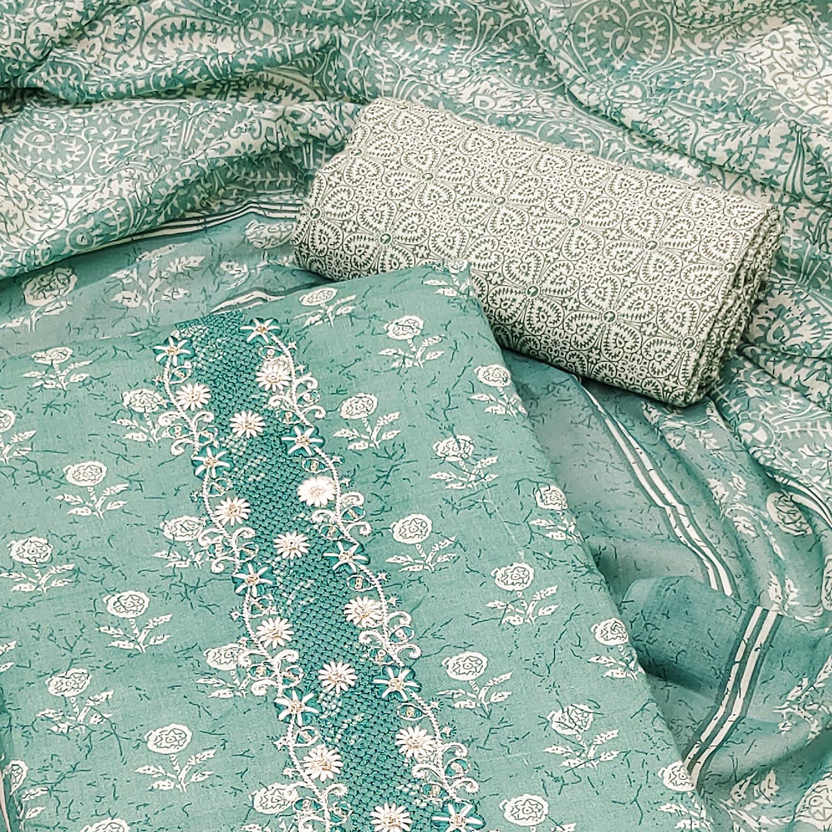 Turquoise Floral Printed Pure Cotton Dress Material