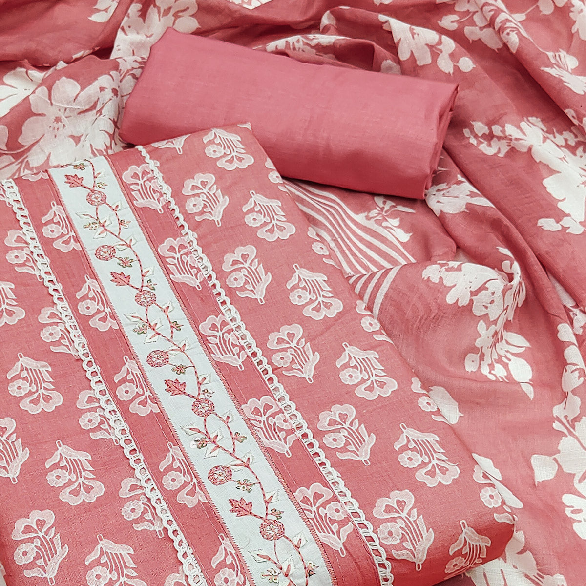 Salmon Pink Floral Printed Pure Cotton Dress Material