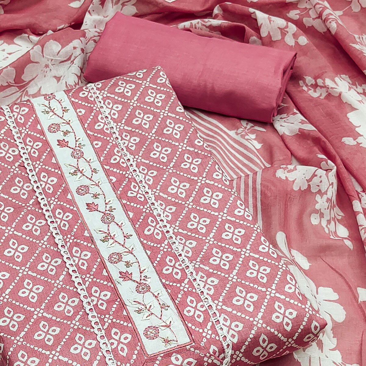 Salmon Pink Floral Printed Pure Cotton Dress Material