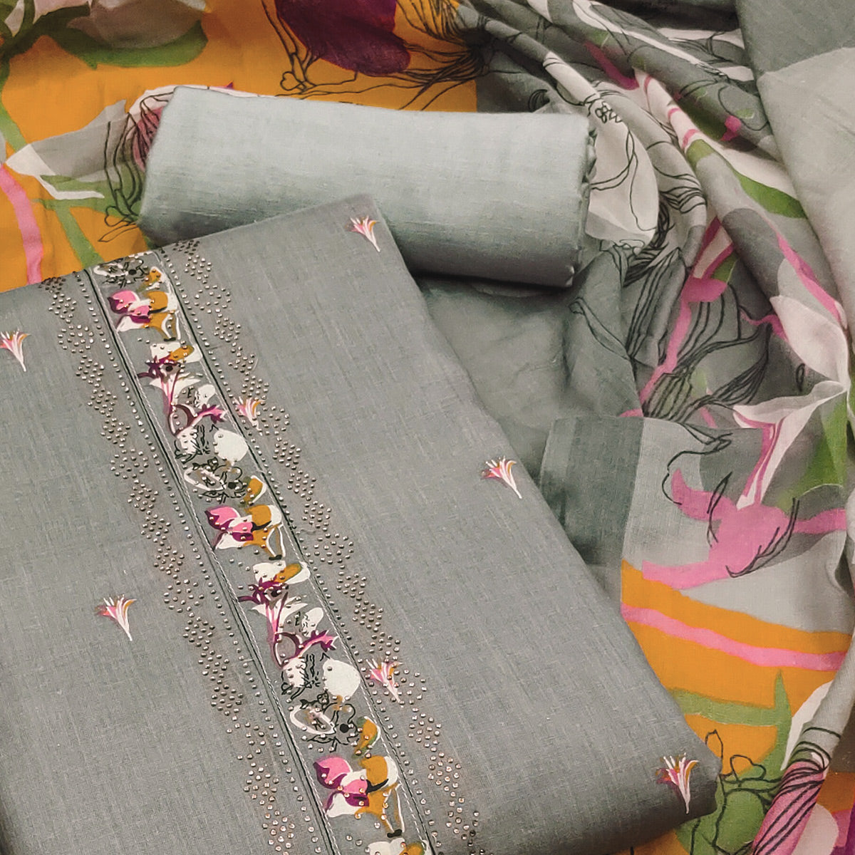 Grey Floral Printed Pure Cotton Dress Material