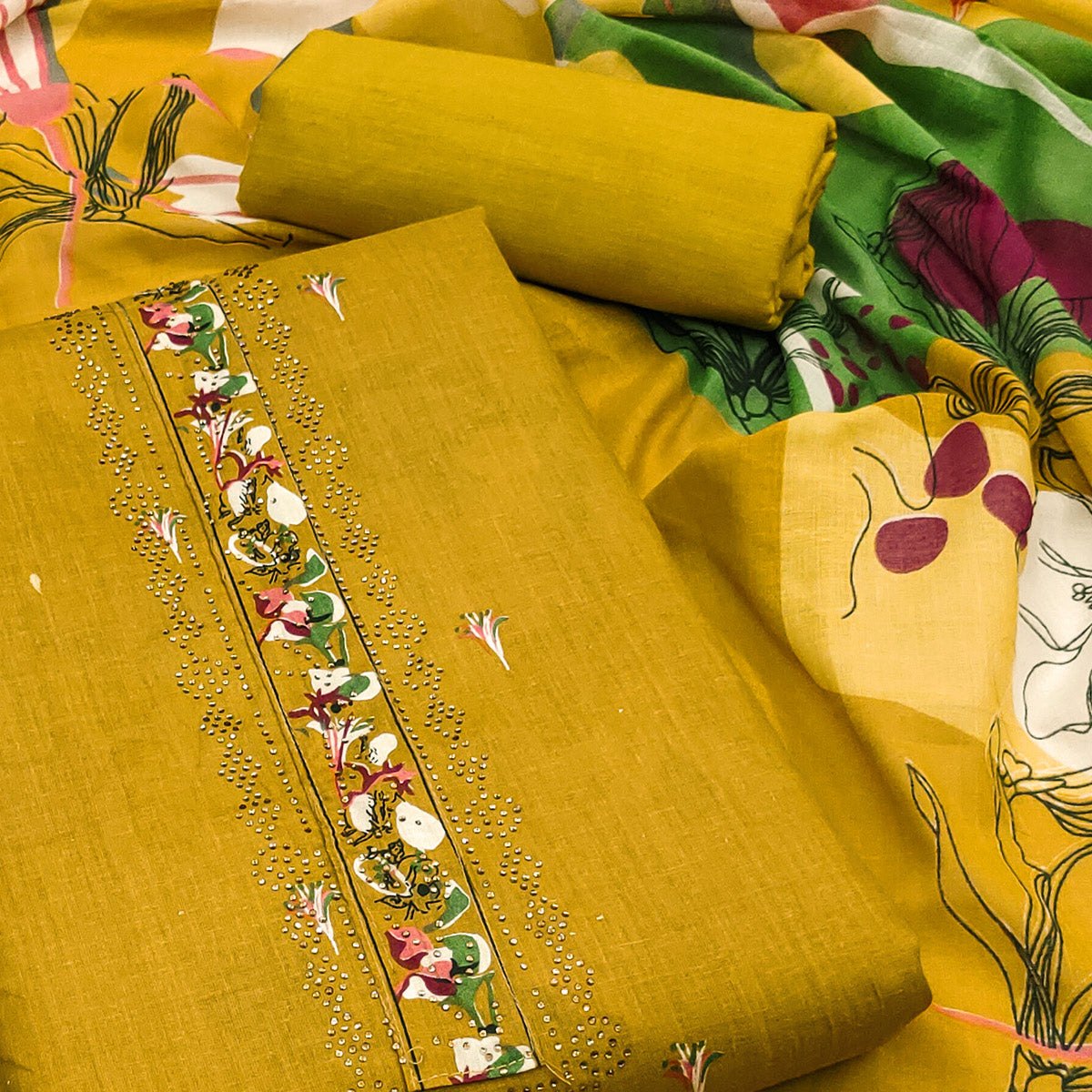 Mustard Floral Printed Pure Cotton Dress Material