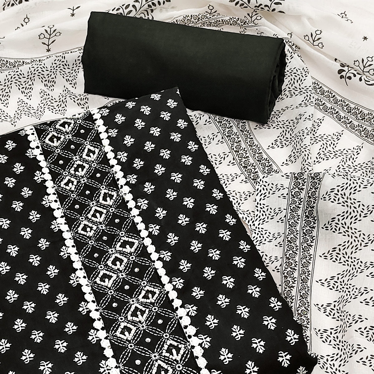 Black Floral Printed Pure Cotton Dress Material