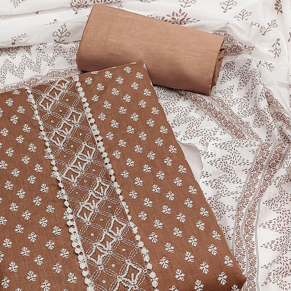 Brown Floral Printed Pure Cotton Dress Material