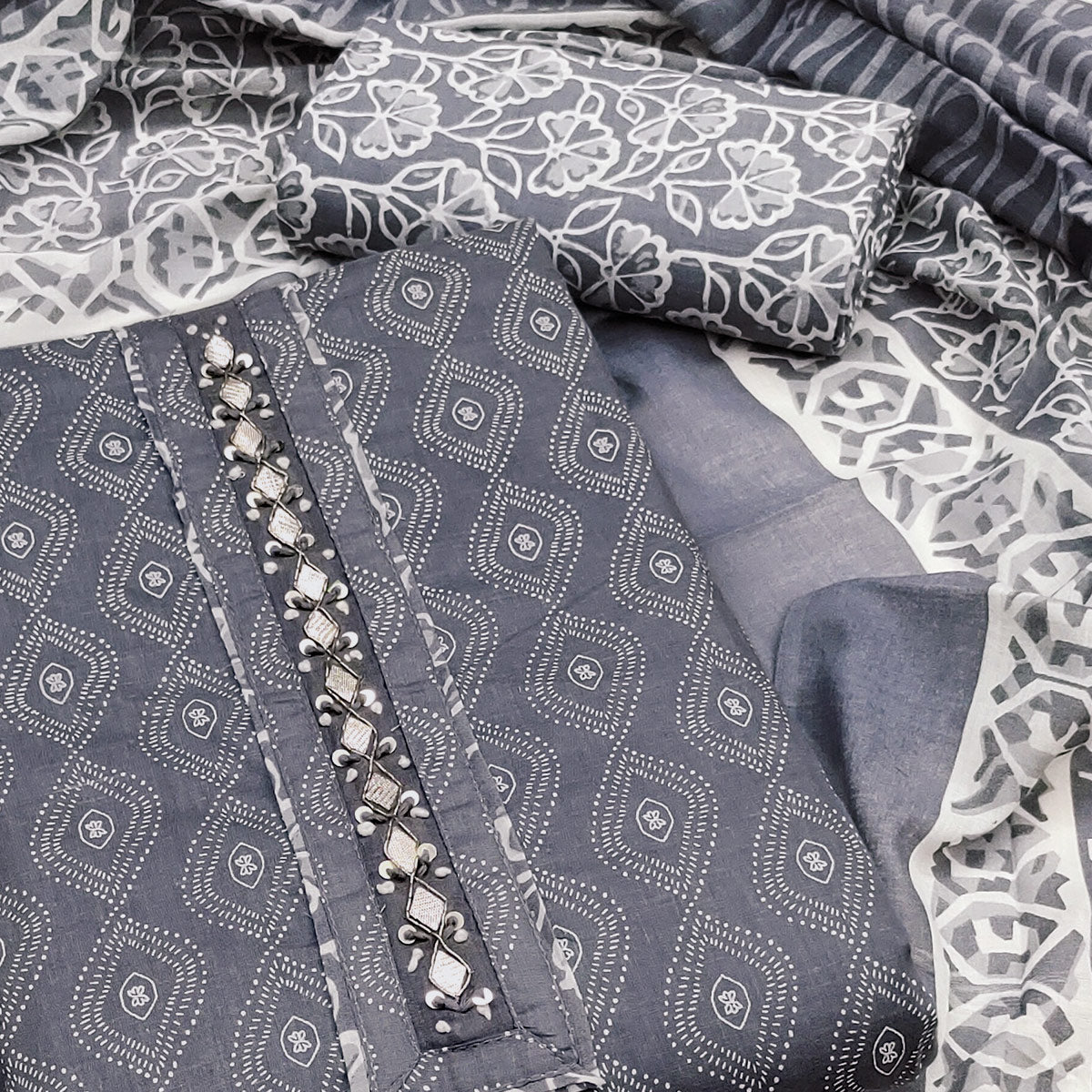 Grey Floral Printed Pure Cotton Dress Material