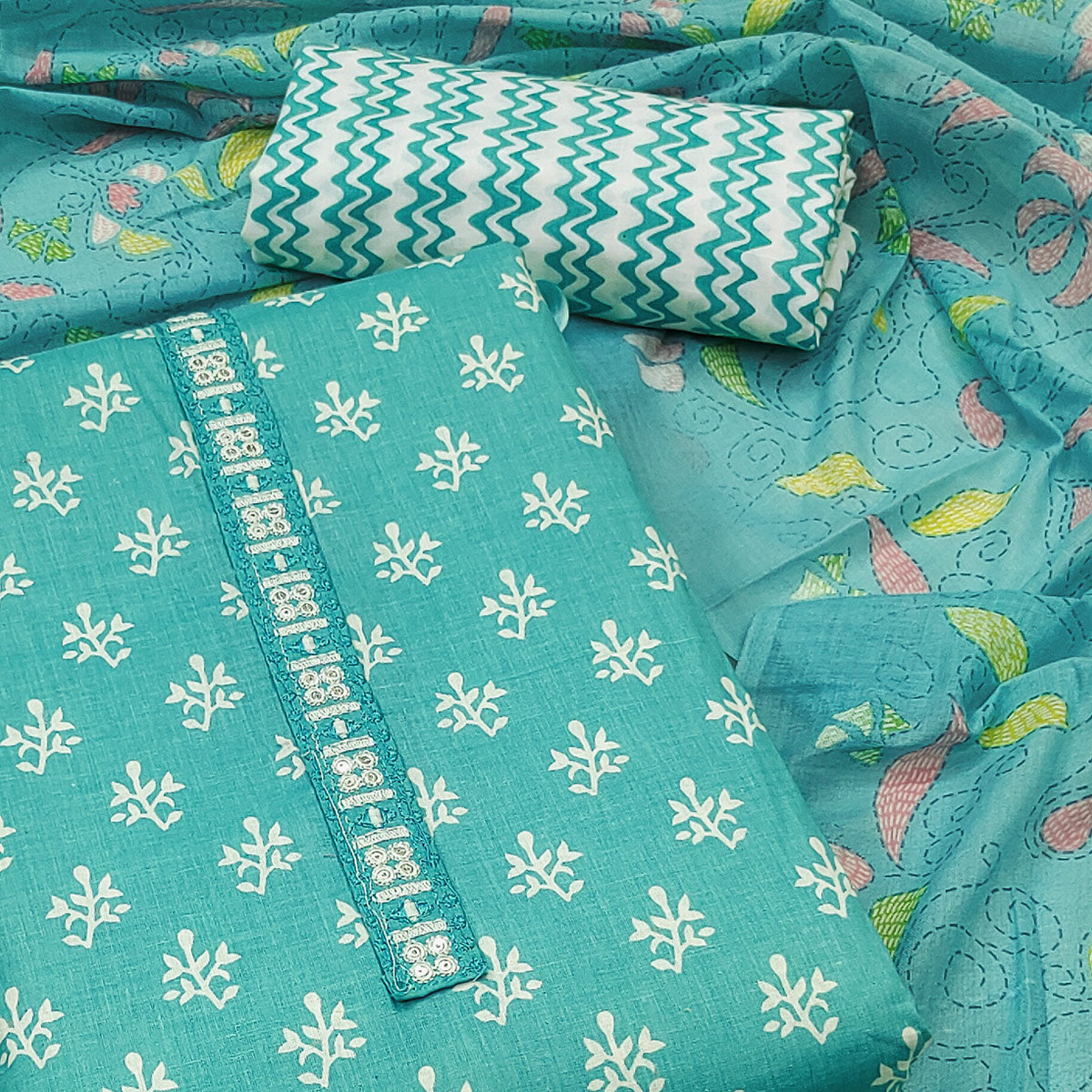 Blue Floral Printed Pure Cotton Dress Material