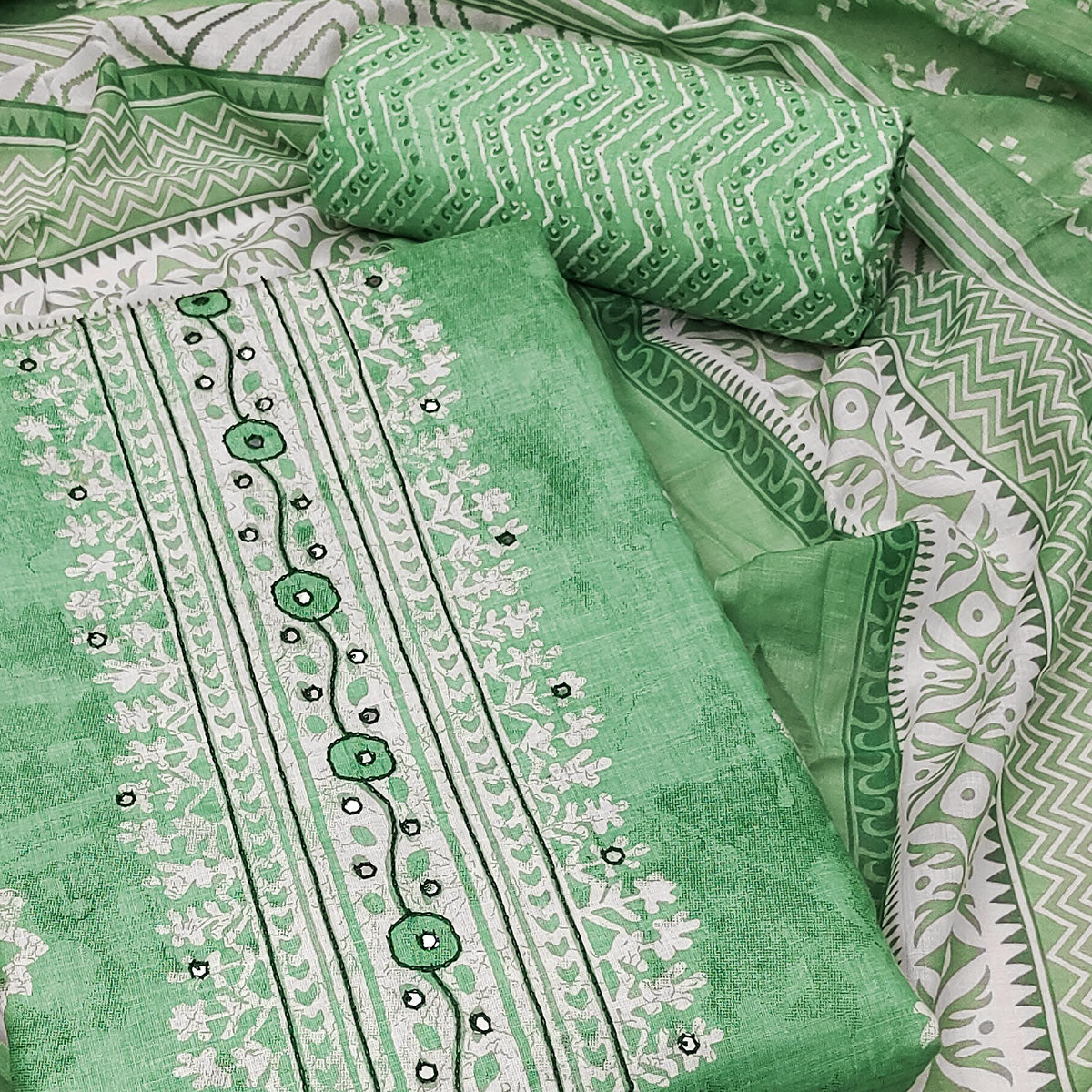 Green Printed With Embroidery Pure Cotton Dress Material