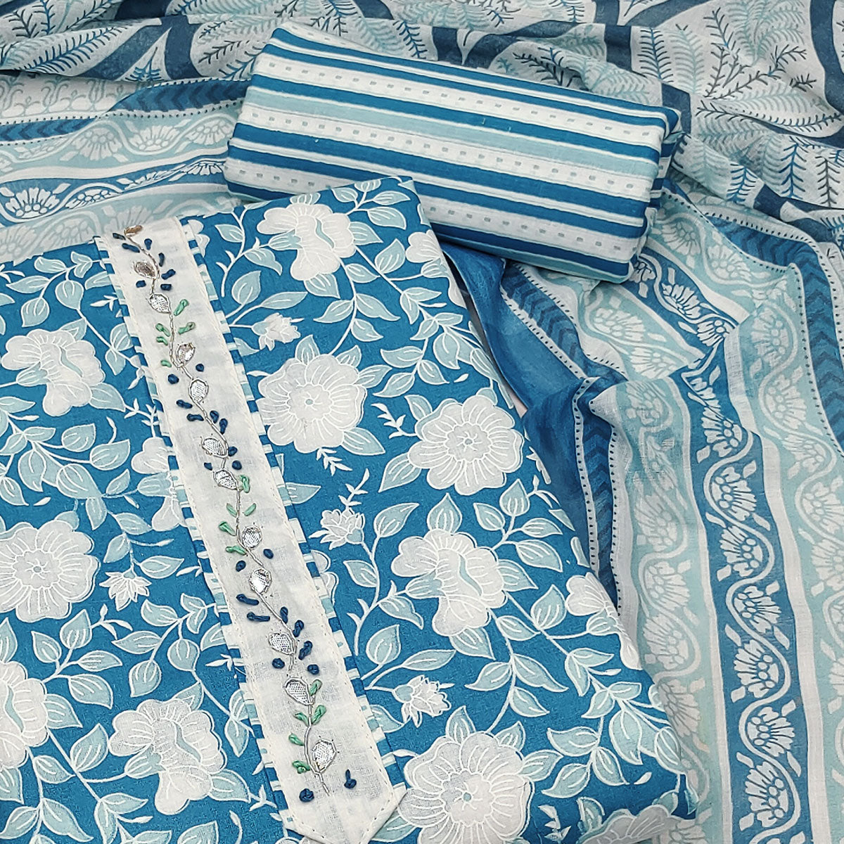 Blue Floral Printed Pure Cotton Dress Material