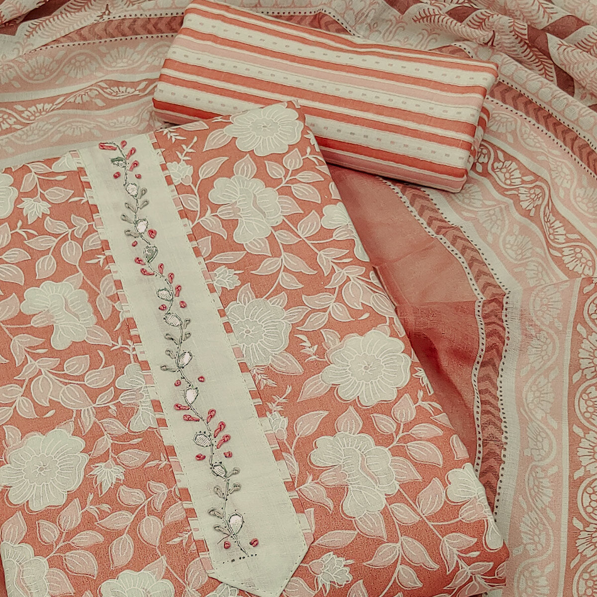 Rust Floral Printed Pure Cotton Dress Material