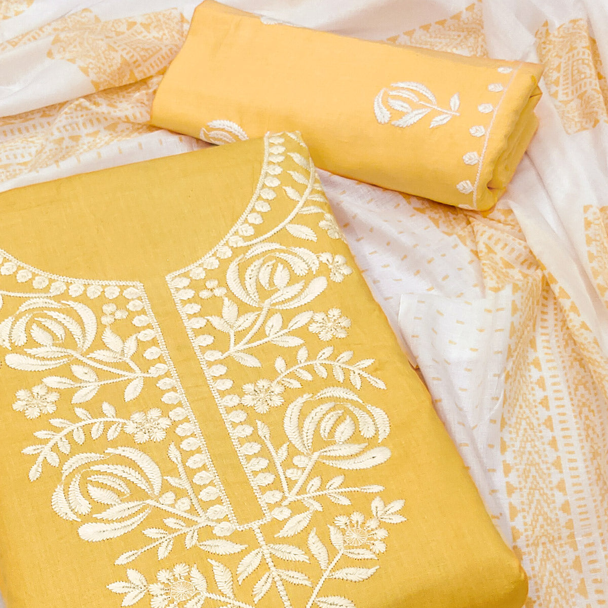 Yellow Floral Embroidered Pure Cotton Dress Material