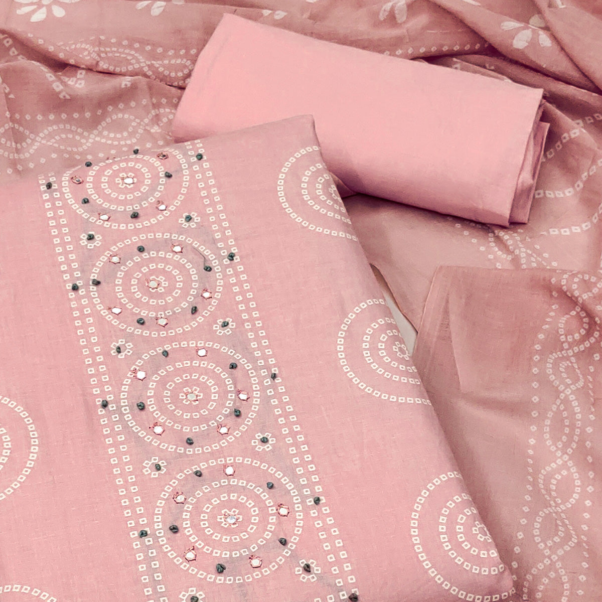 Peach Bandhani Pure Cotton Dress Material