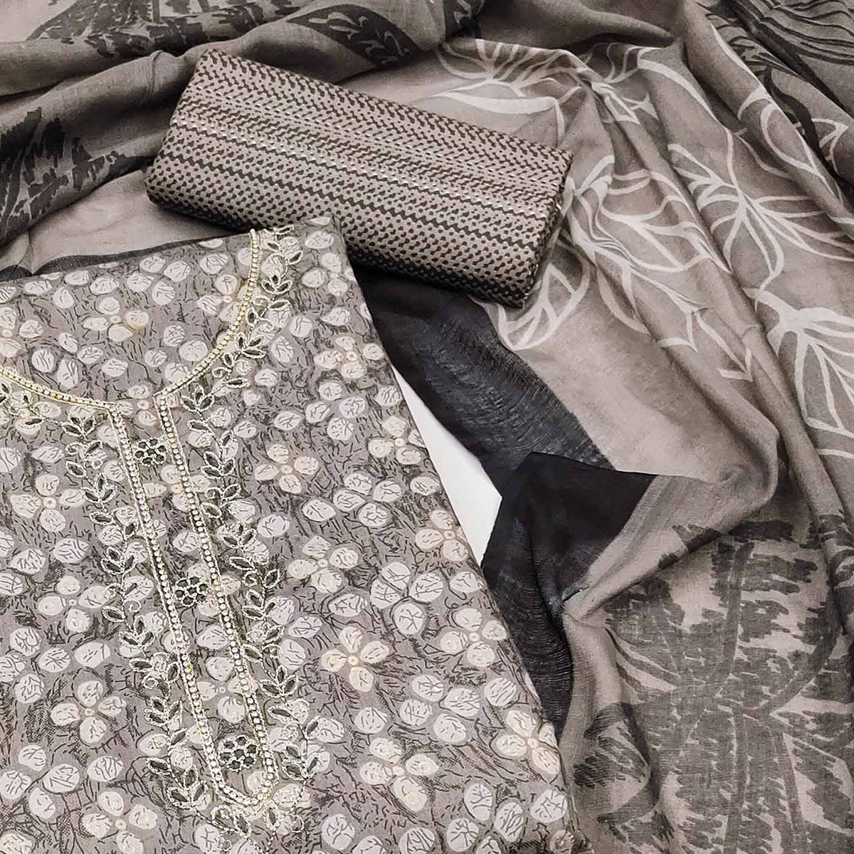 Grey Floral Printed Pure Cotton Dress Material