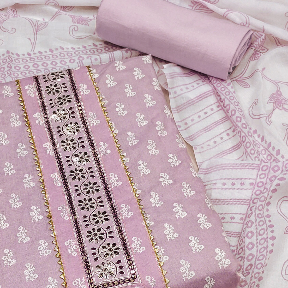 Pale Mauve Floral Printed Pure Cotton Dress Material
