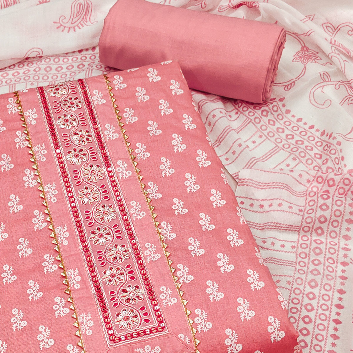 Peach Floral Printed Pure Cotton Dress Material