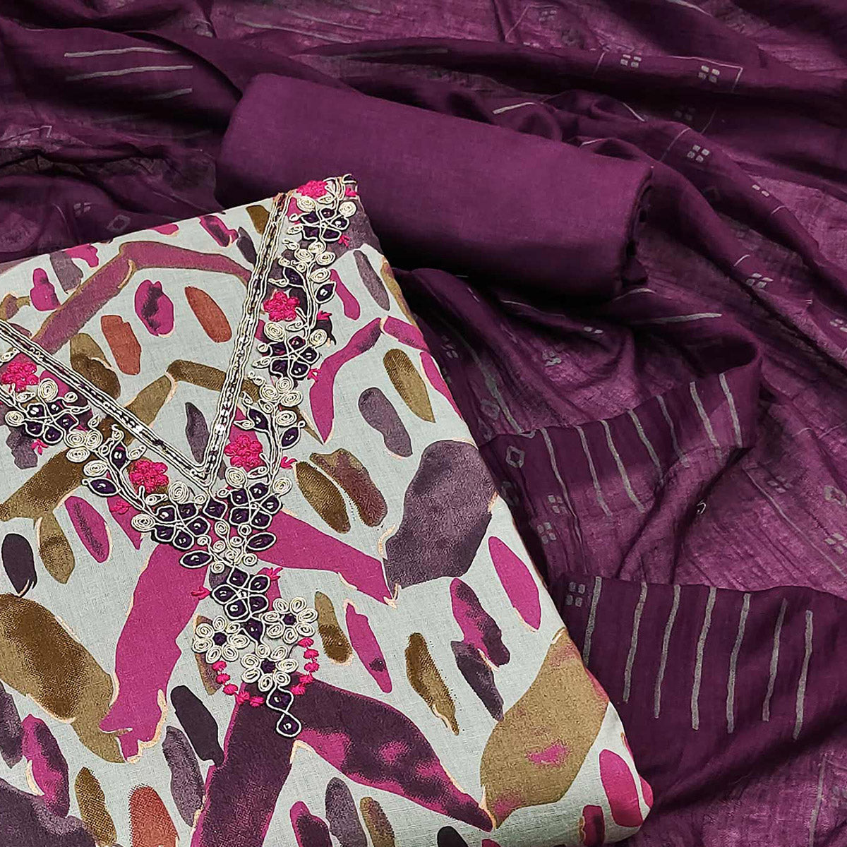 Purple Printed With Embroidered Pure Cotton Dress Material
