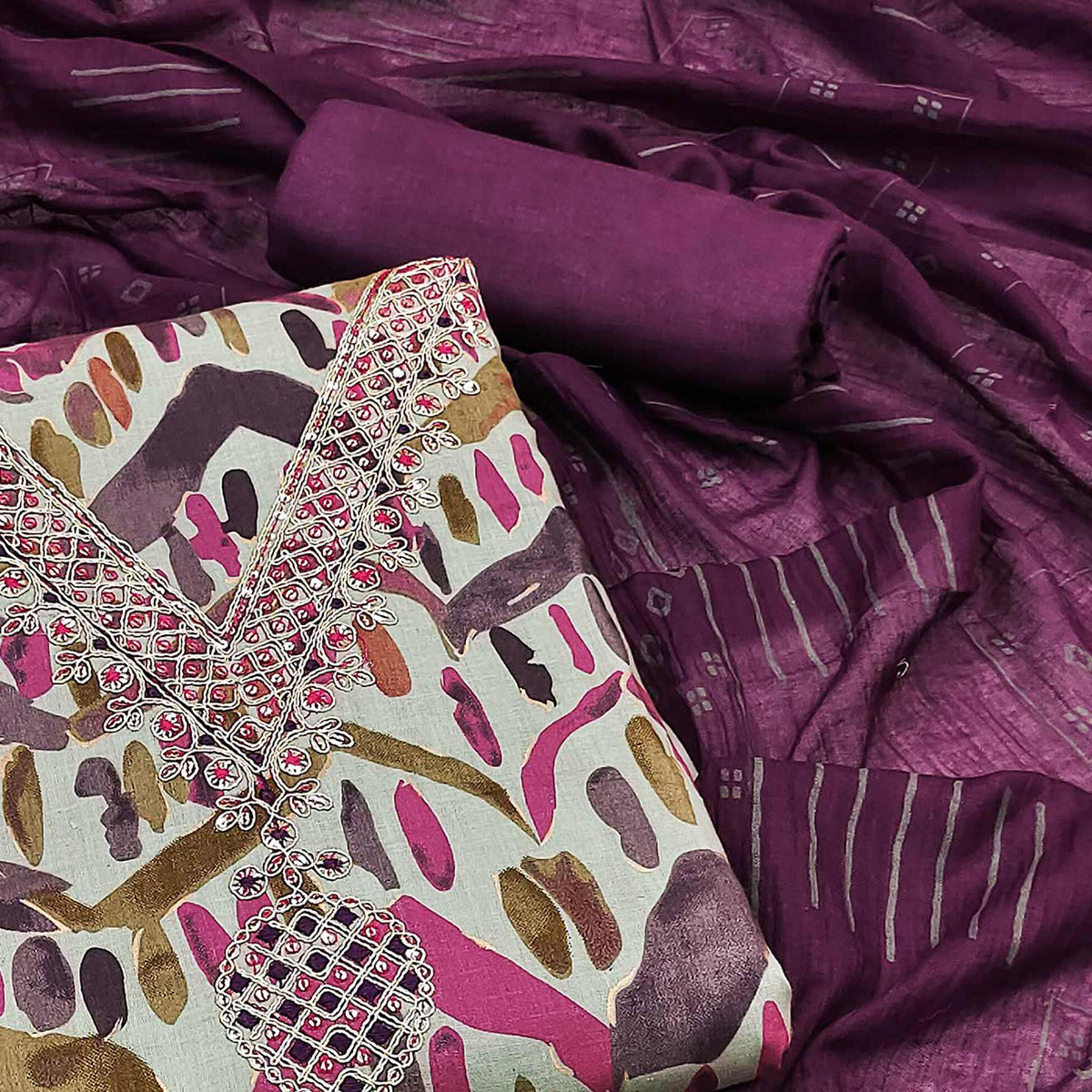 Purple Printed With Embroidered Pure Cotton Dress Material