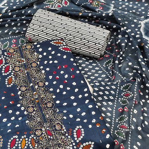 Blue Bandhani Printed With Embroidered Pure Cotton Dress Material