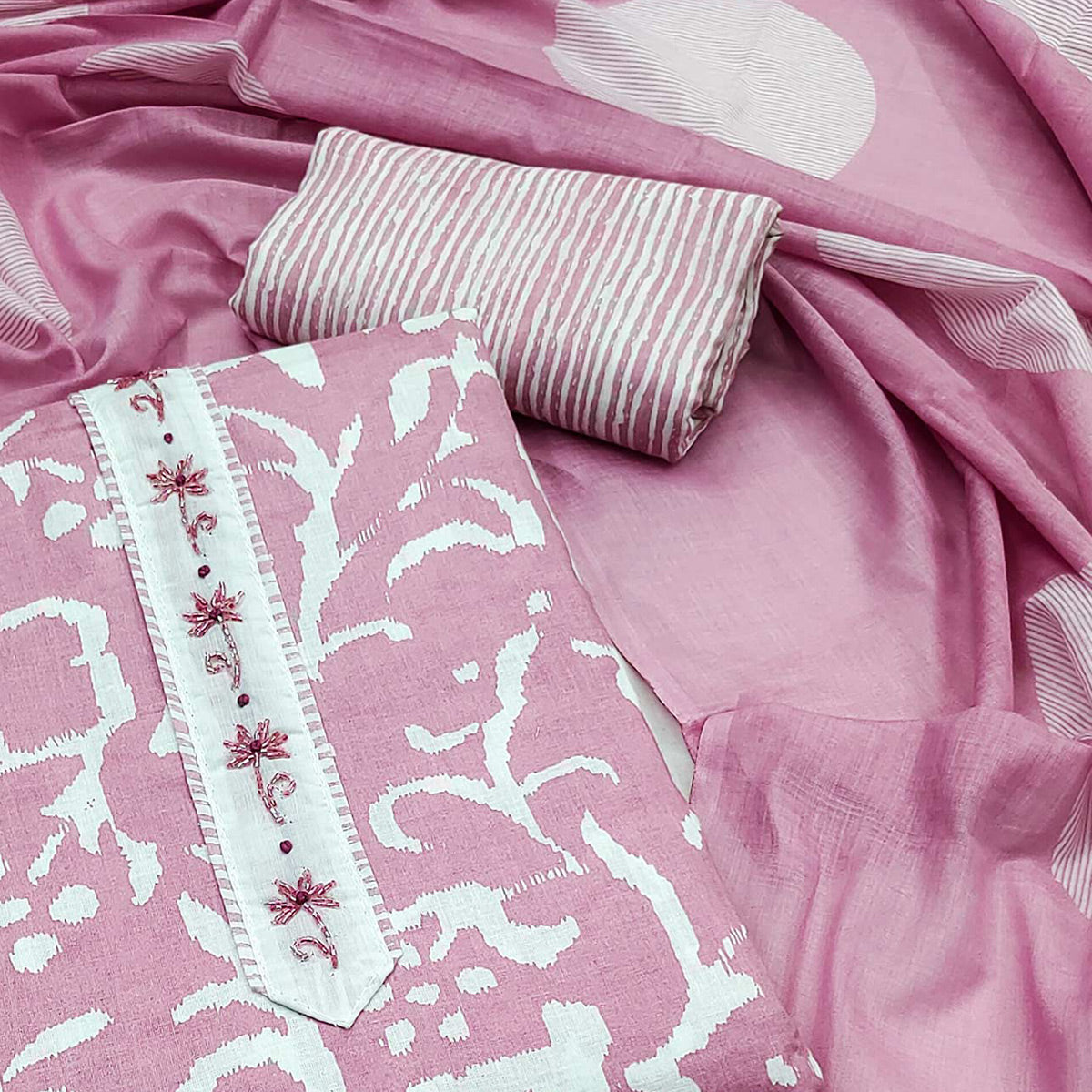 Pink Printed With Handwork Pure Cotton Dress Material
