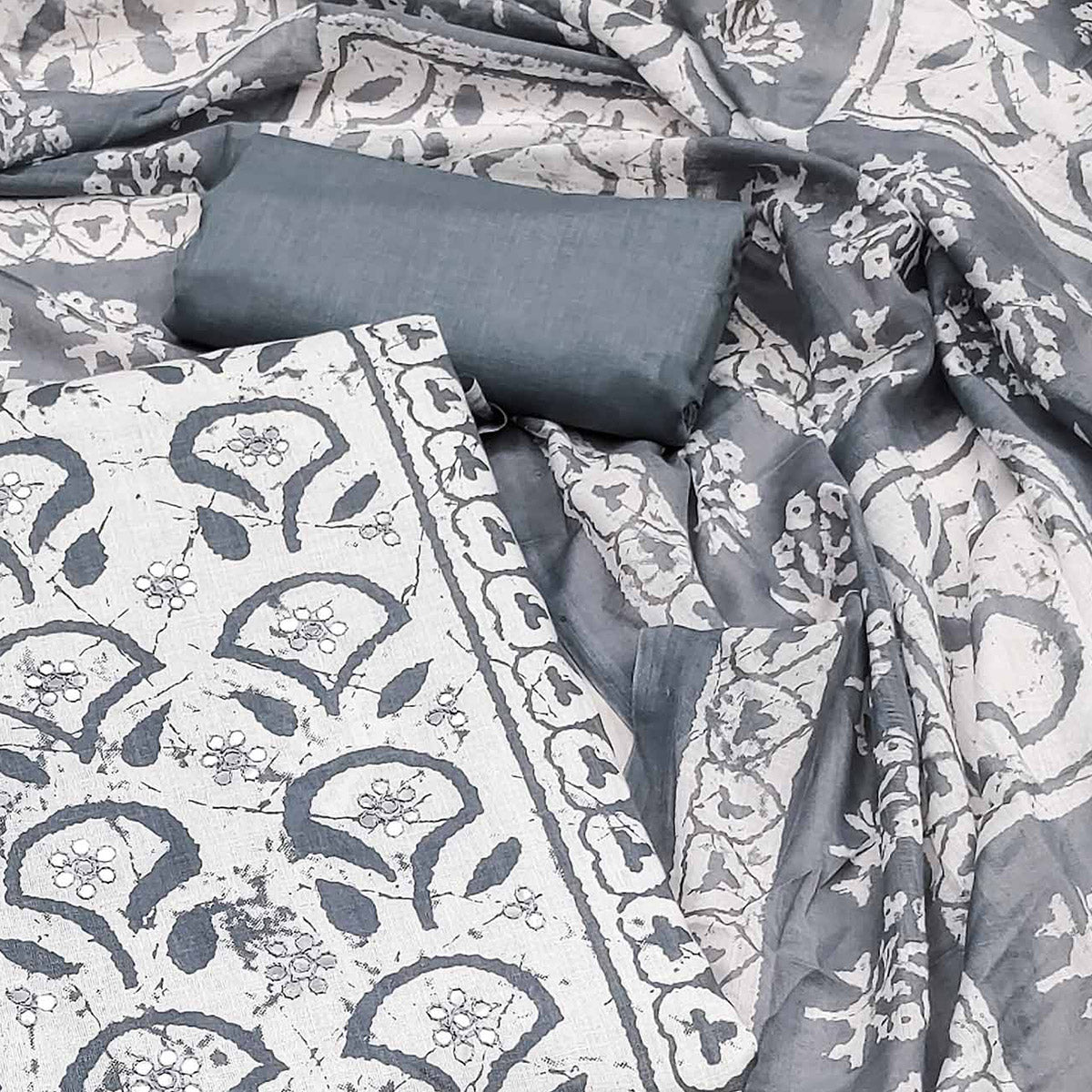 Grey Printed Pure Cotton Dress Material