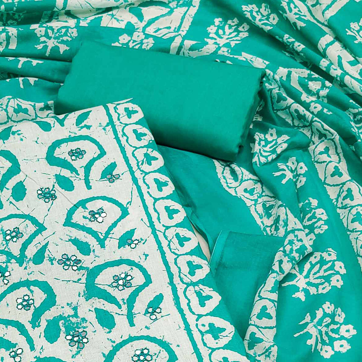 Turquoise Printed Pure Cotton Dress Material