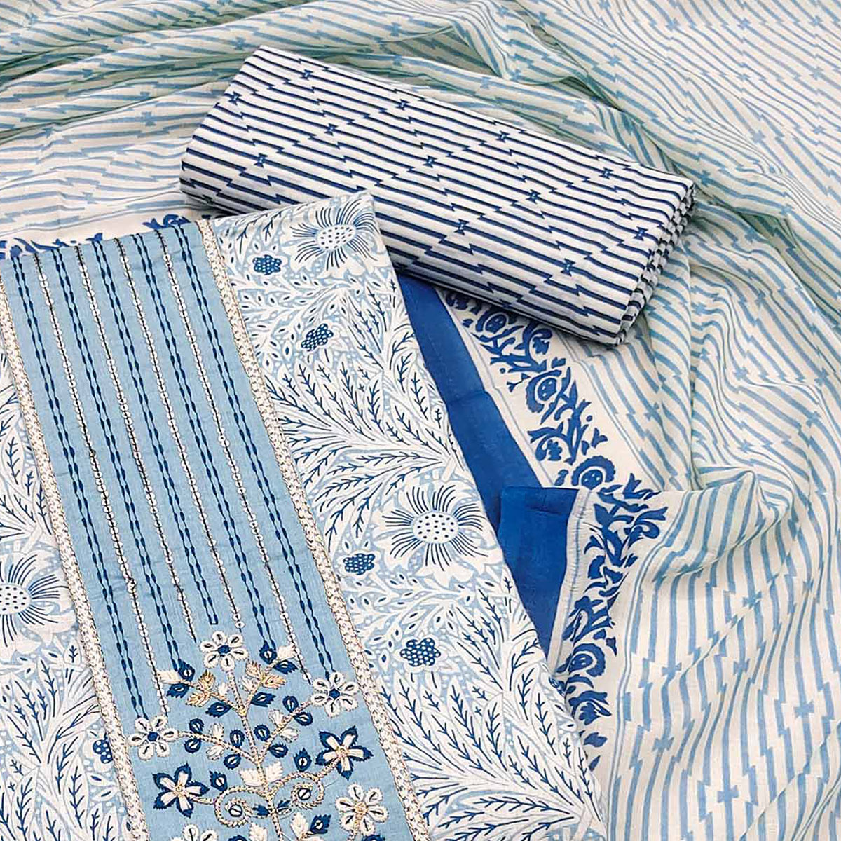 Blue Floral Printed With Embroidery Pure Cotton Dress Material