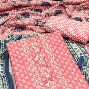 Pink Floral Printed With Embroidery Pure Cotton Dress Material