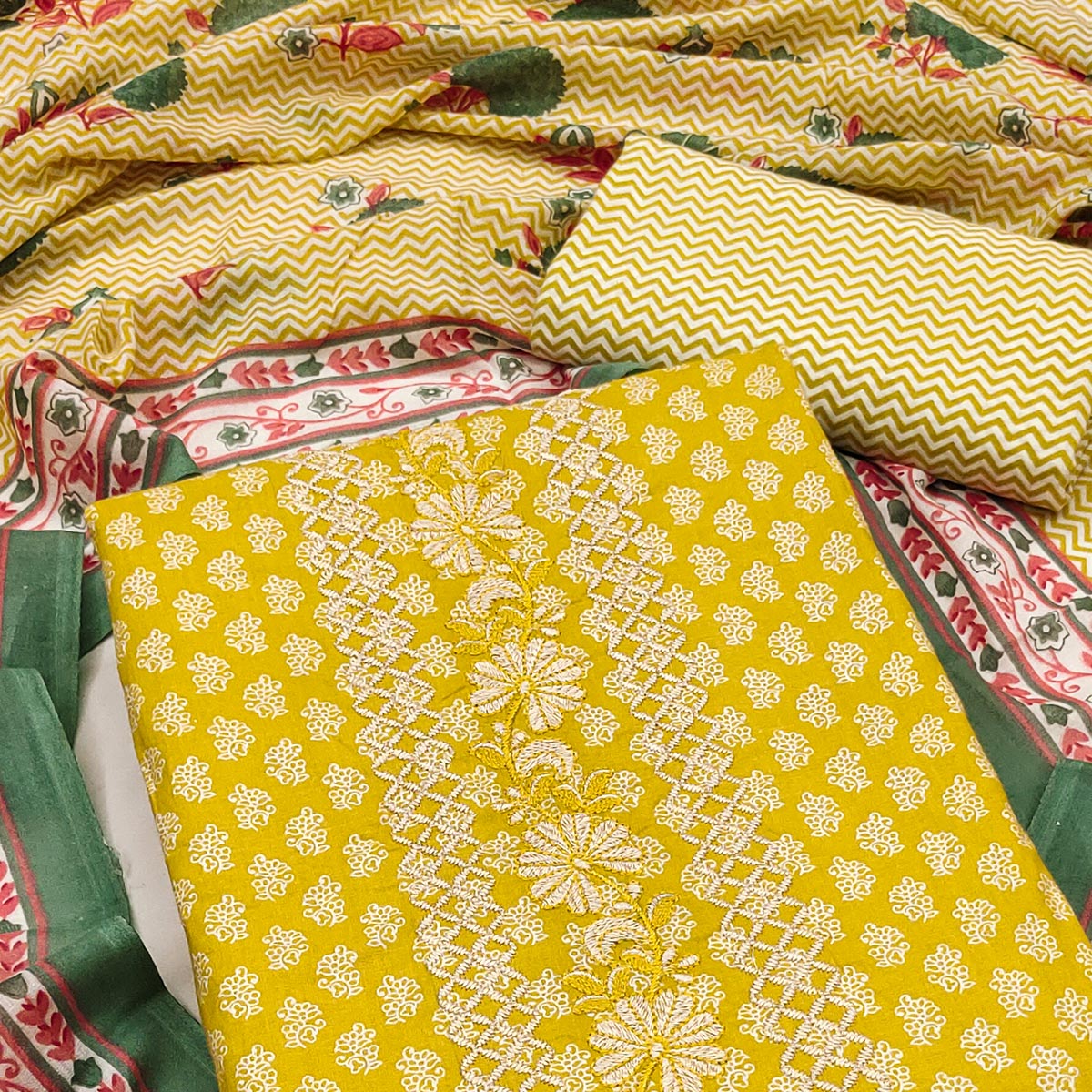 Yellow Floral Printed With Embroidery Pure Cotton Dress Material