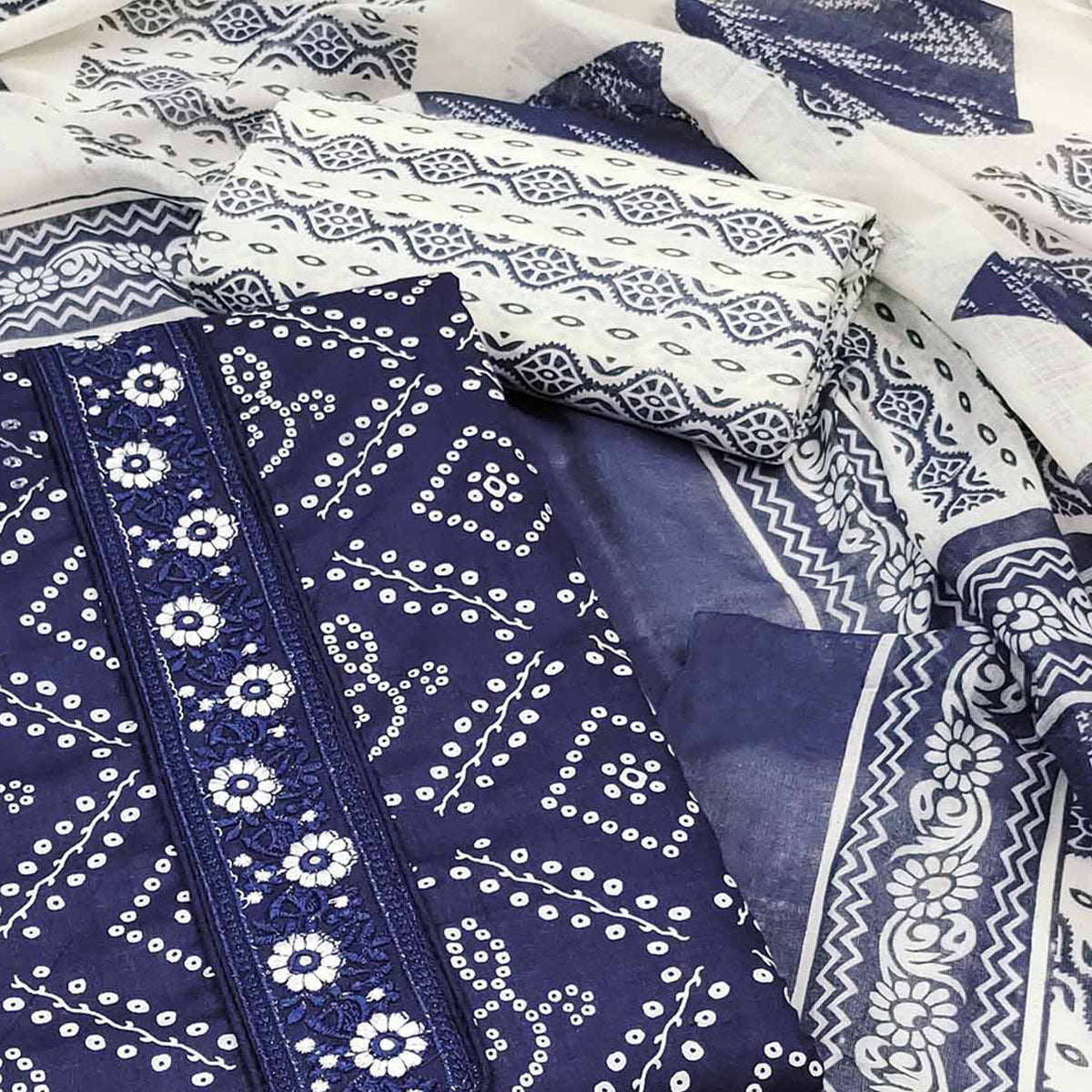 Navy Blue Bandhani Printed With Embroidery Pure Cotton Dress Material