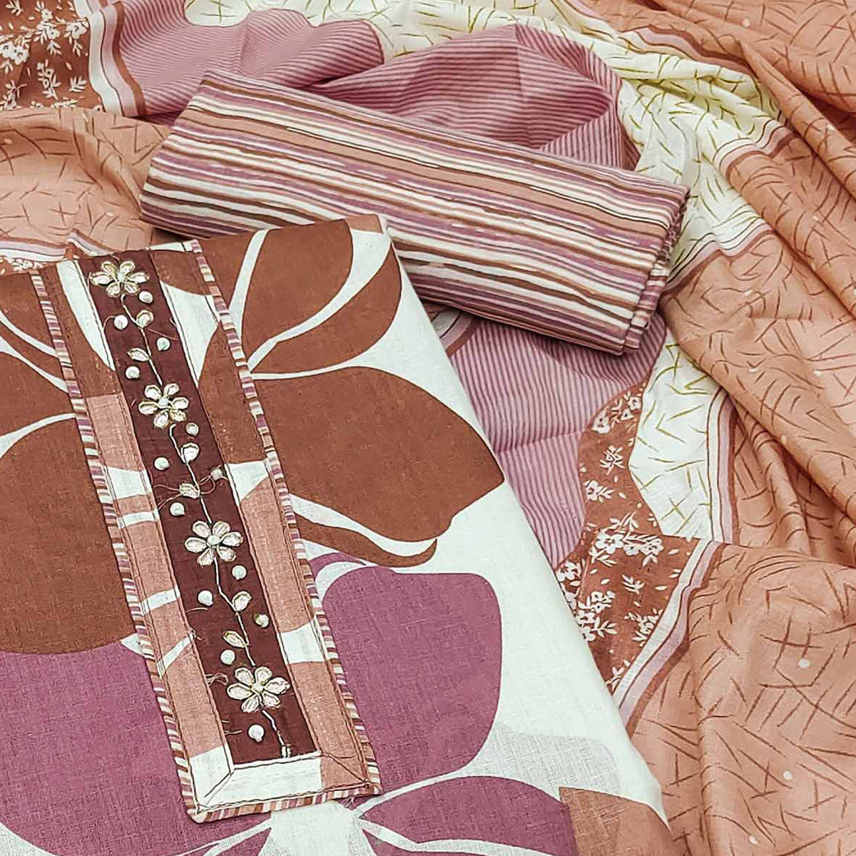 Brown Floral Printed Pure Cotton Dress Material