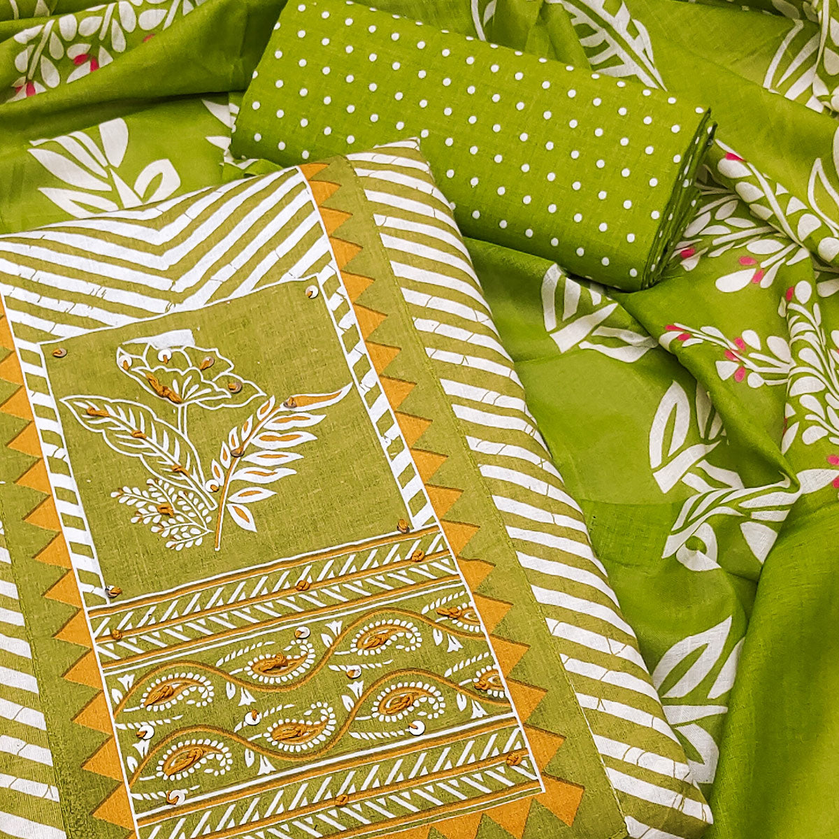 Green Printed Pure Cotton Dress Material