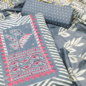 Grey Printed Pure Cotton Dress Material