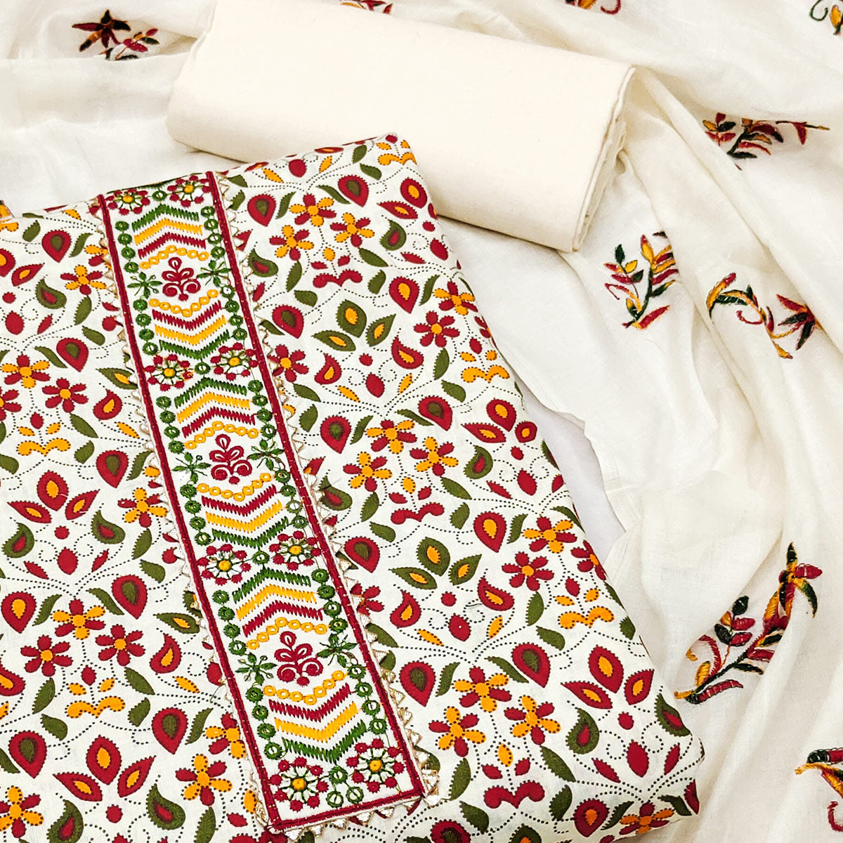 Off White Printed Pure Cotton Dress Material With Embroidery Work