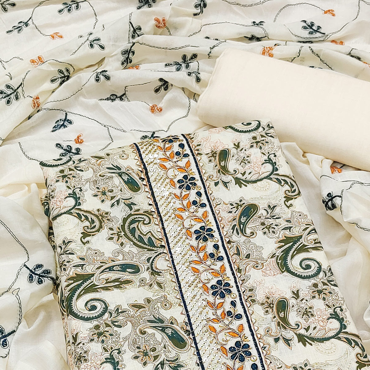 Cream & Green Floral Printed Pure Cotton Dress Material