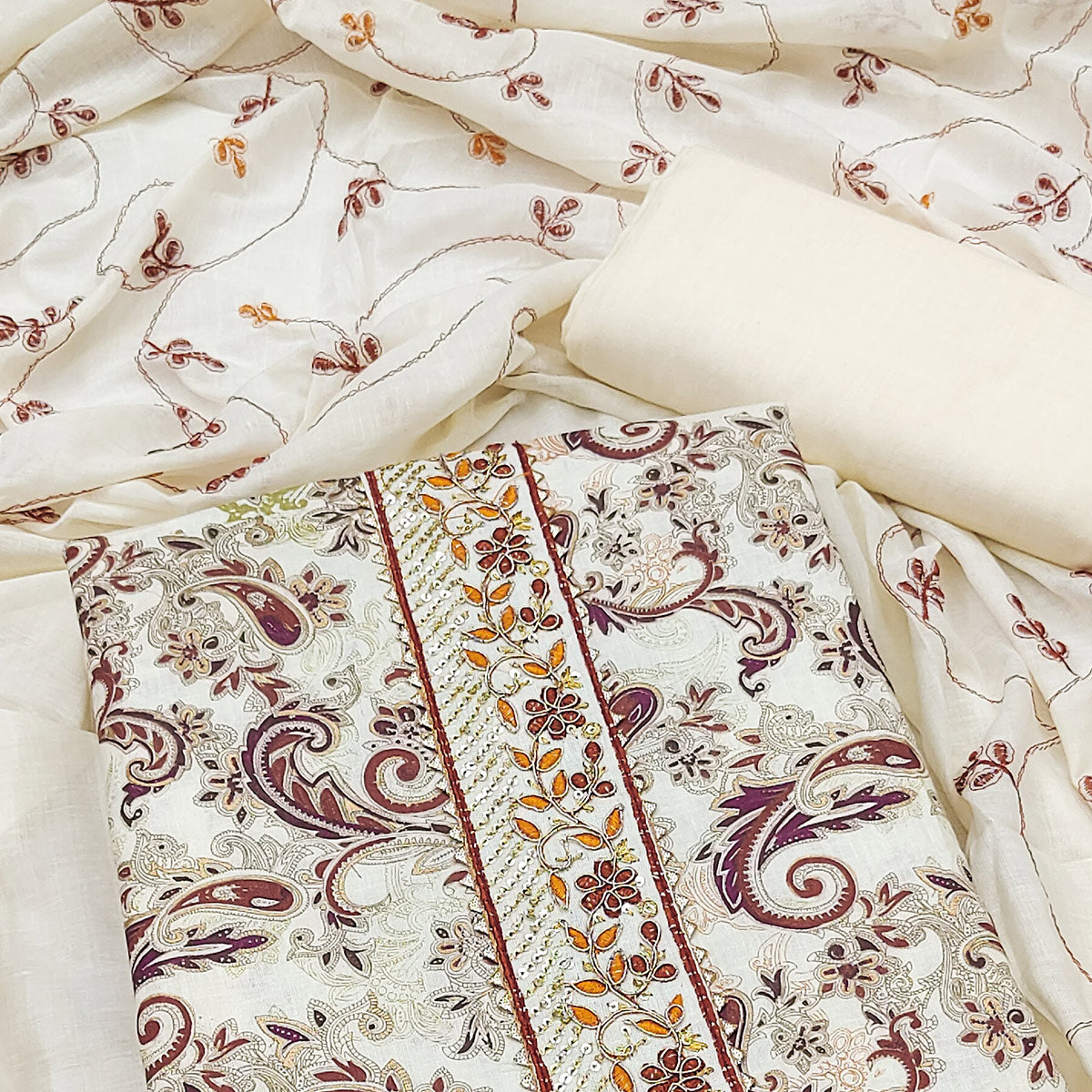 Cream & Wine Floral Printed Pure Cotton Dress Material