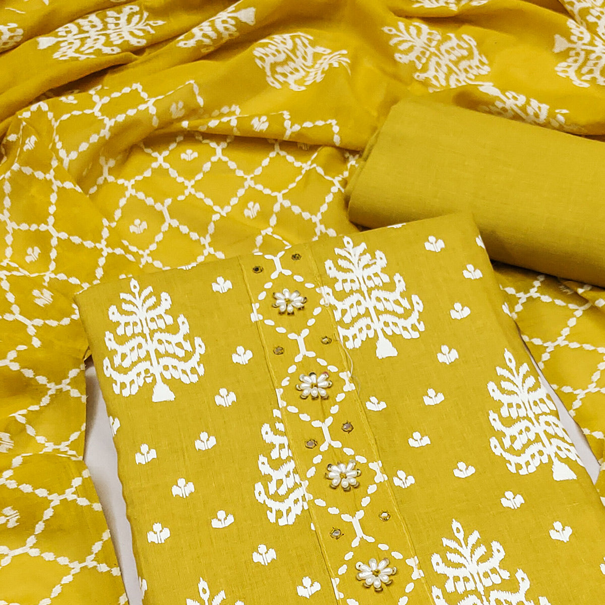 Mustard Floral Printed Pure Cotton Dress Material