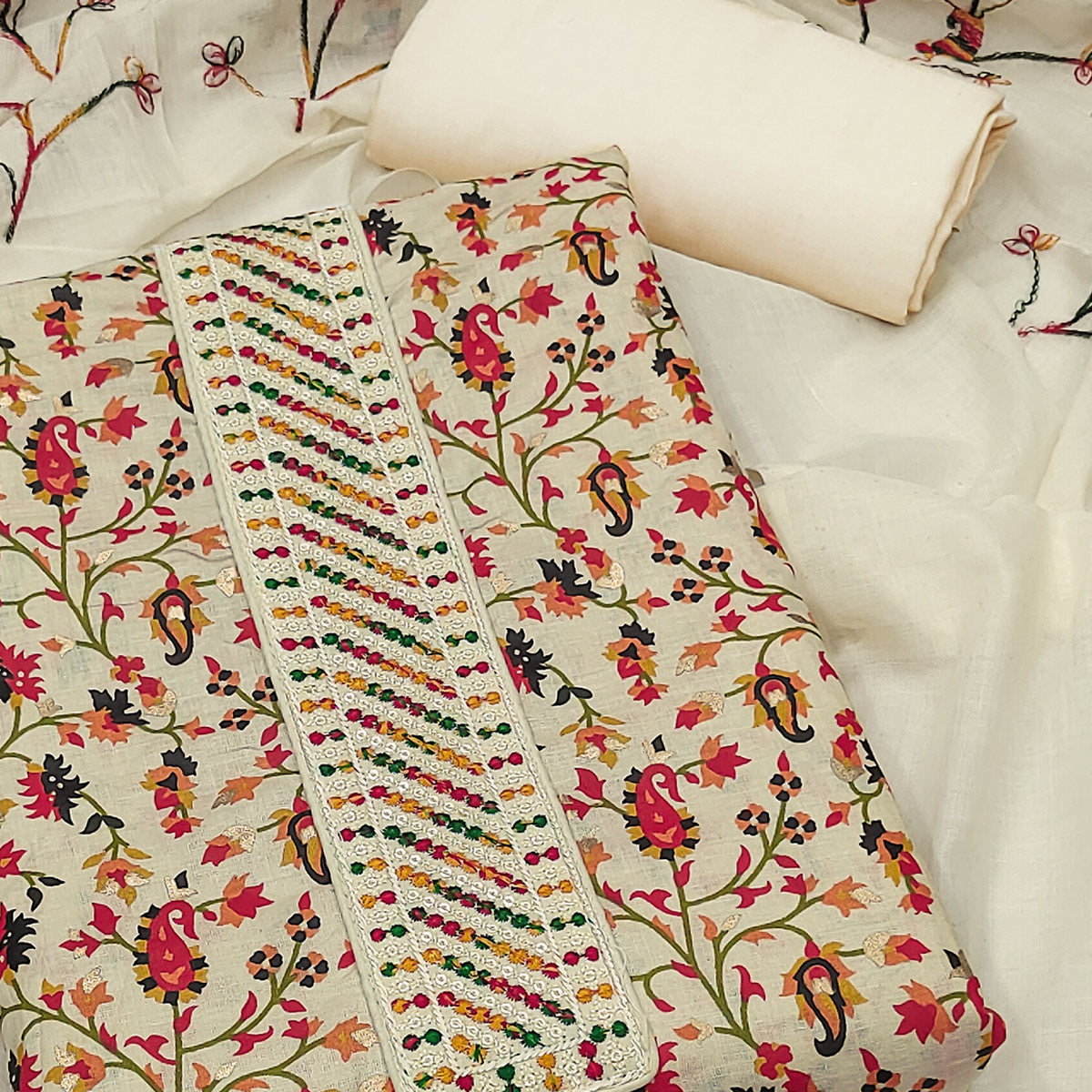 Cream Floral Printed With Embroidered Pure Cotton Dress Material