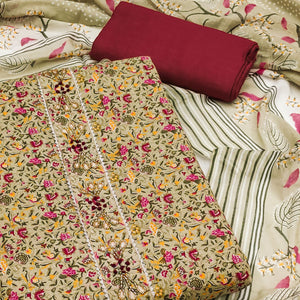 Light Green Floral Printed With Handwork Pure Cotton Dress Material