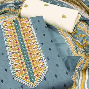 Blue Bandhani Printed With Embroidery Pure Cotton Dress Material