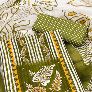 Green Striped Printed With Embroidered Pure Cotton Dress Material