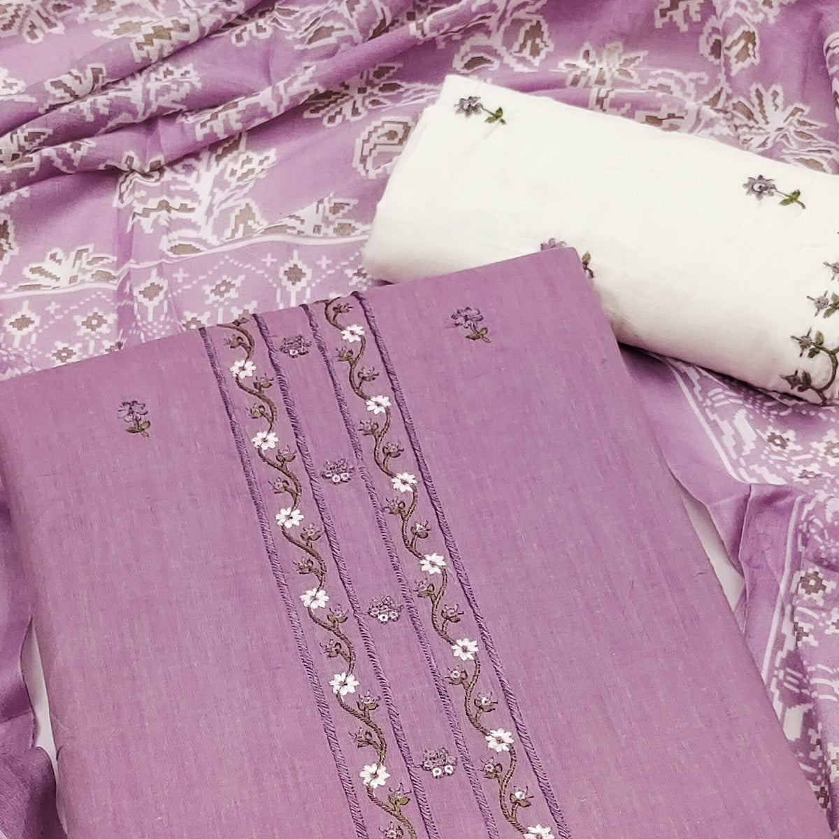 Light Purple Floral Embroidered Pure Cotton Dress Material