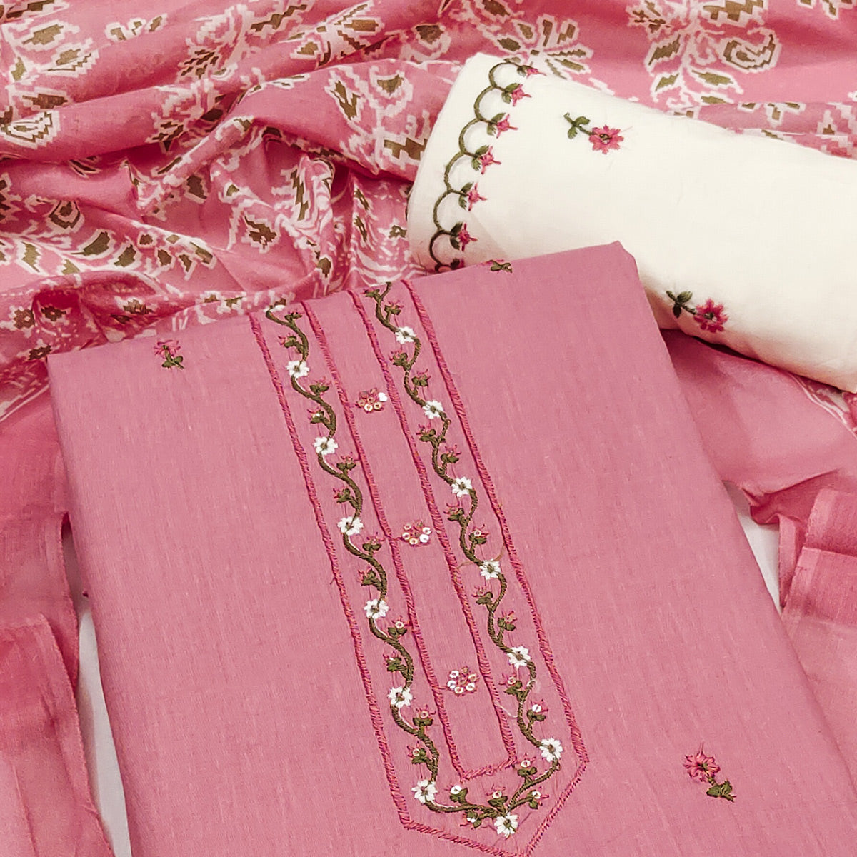 Pink Floral Embroidered Pure Cotton Dress Material
