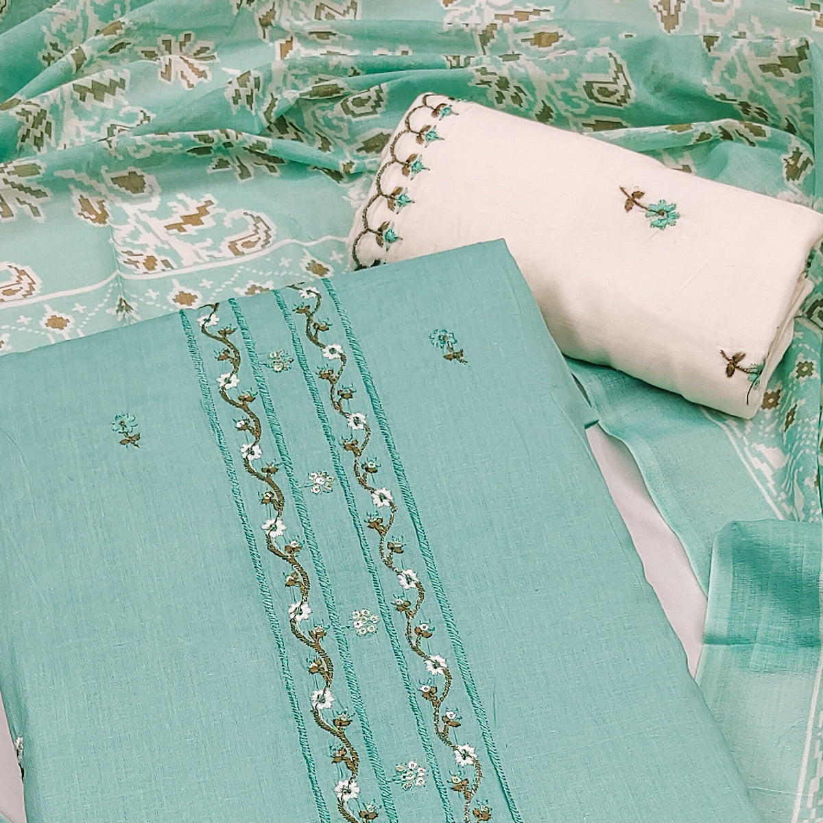 Turquoise Floral Embroidered Pure Cotton Dress Material